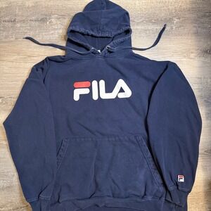 FILA Navy Hoodie Sweatshirt Classic Logo Spellout Graphic Hooded Pullover 2XL